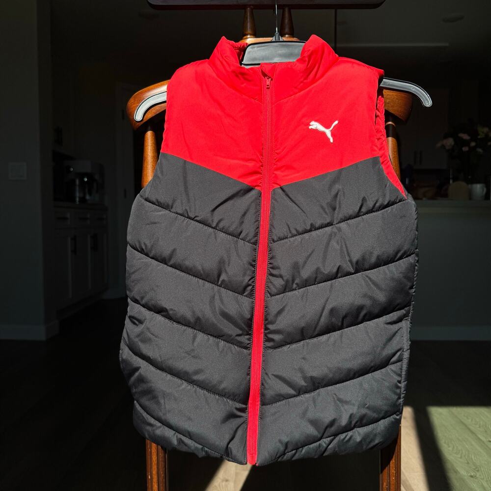 PUMA Youth Puffer Vest M 10/12 Red Black Colorblock Quilted Full Zip Fit Women S